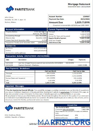 Printable Belarus Paritet bank mortgage statement scr example
